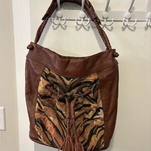 Brown Leather and Tapestry Women's Bag Hand Made in Zimbabwe